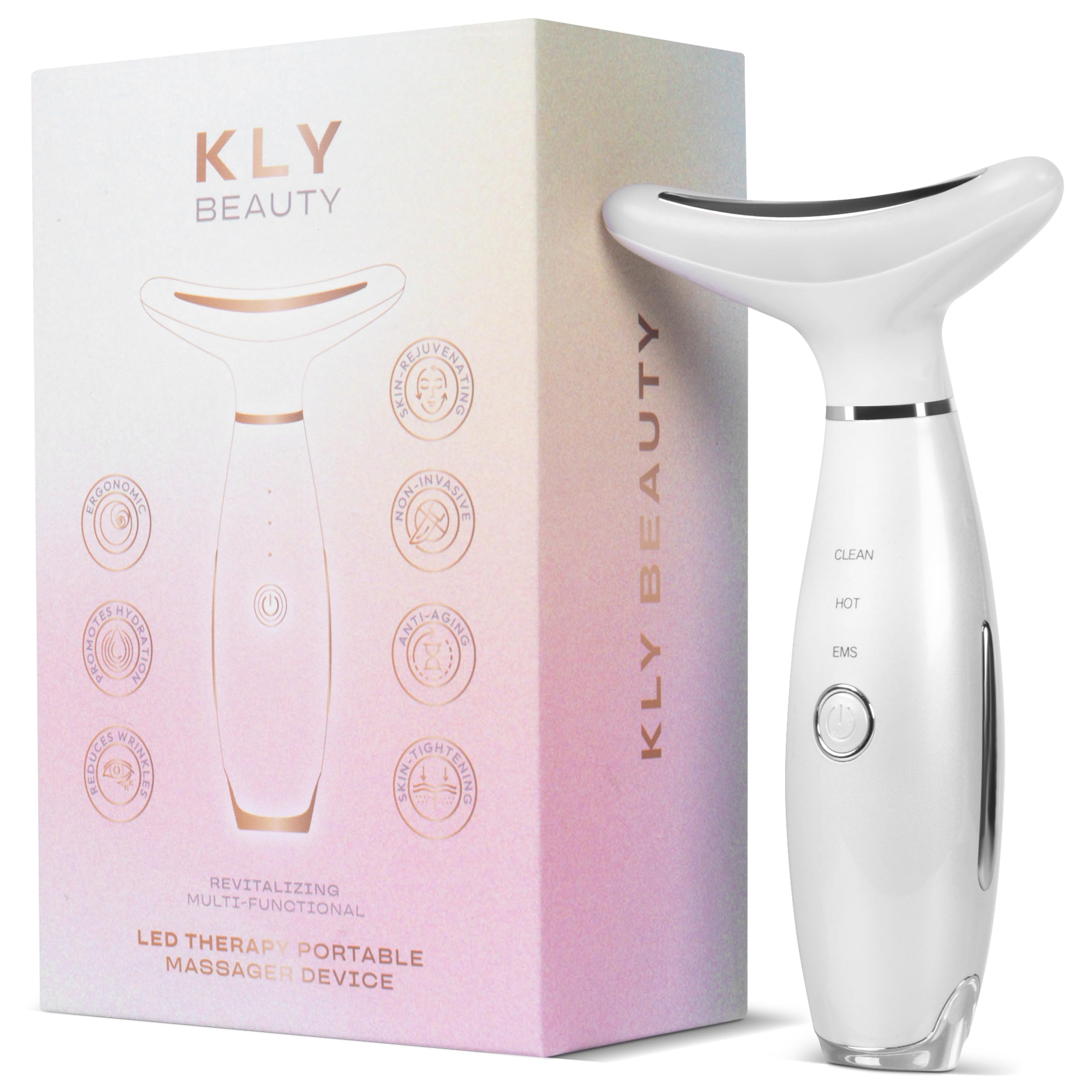 KLY Beauty Face & Neck Massager in white with 7-color LED modes for radiant skin