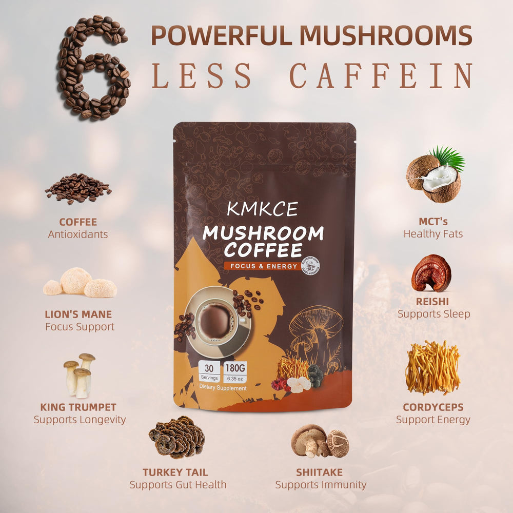 KMKCE mushroom coffee bag closeup highlighting six mushrooms and Arabica beans