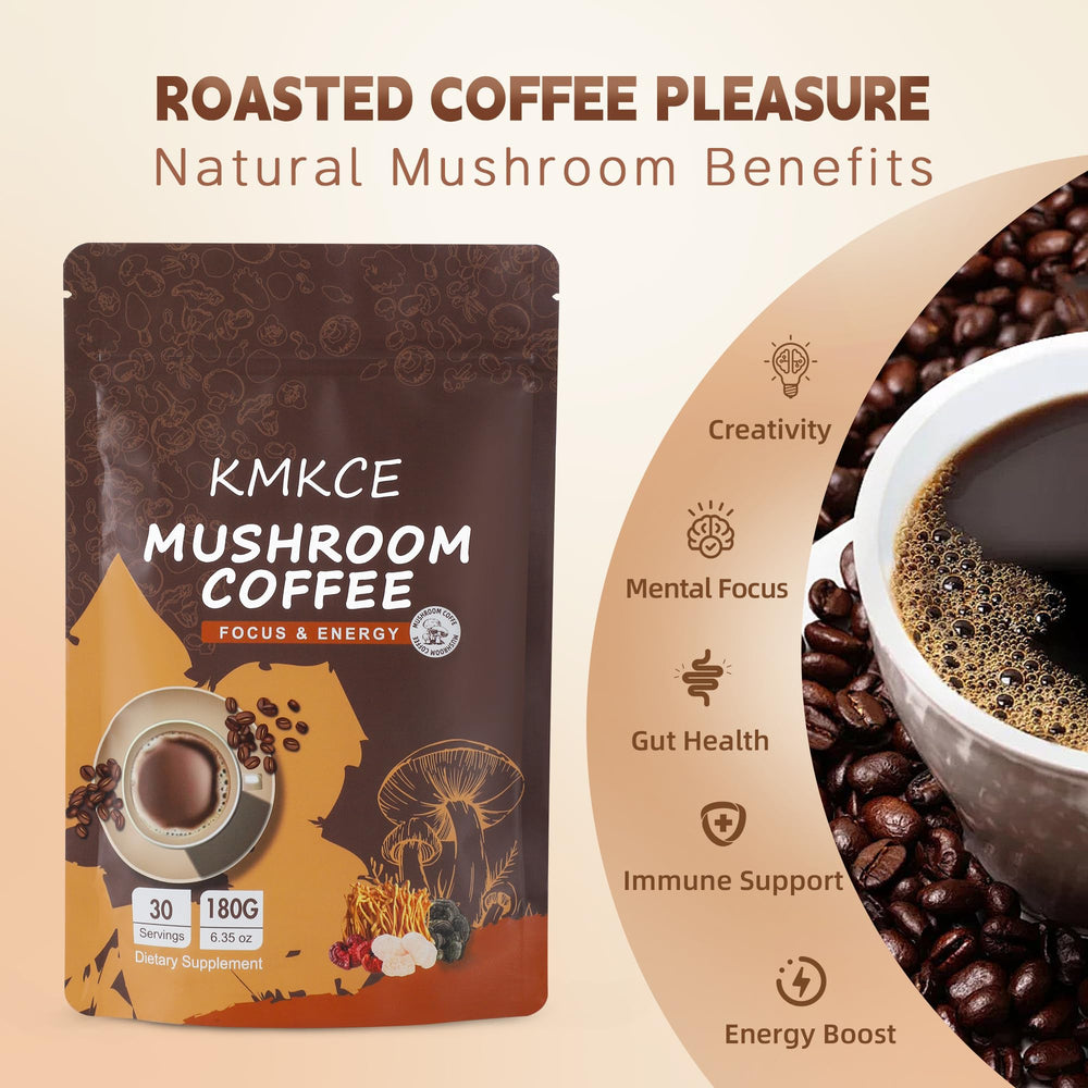 KMKCE mushroom coffee ingredients shot emphasizing mushrooms and beans