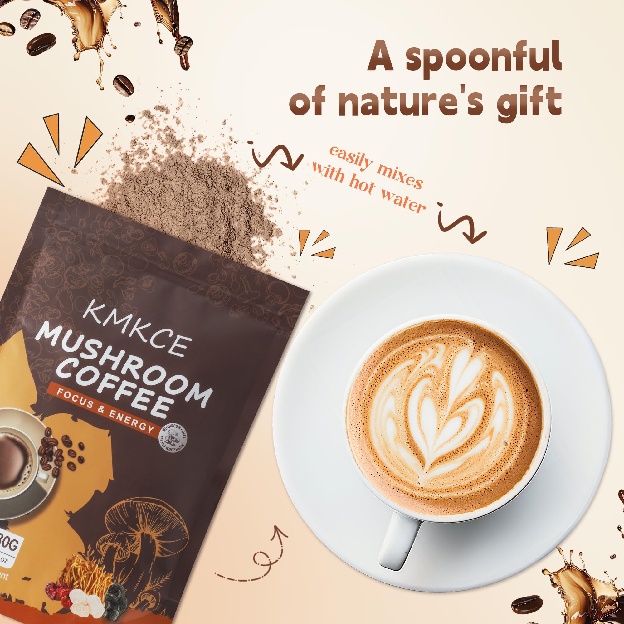 KMKCE mushroom coffee in a kitchen scene with cup and notebook