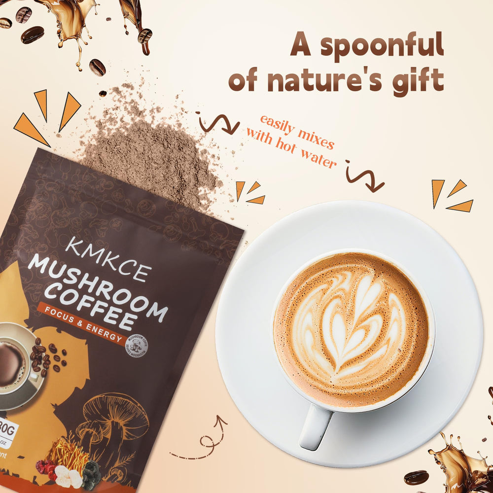 KMKCE mushroom coffee in a kitchen scene with cup and notebook