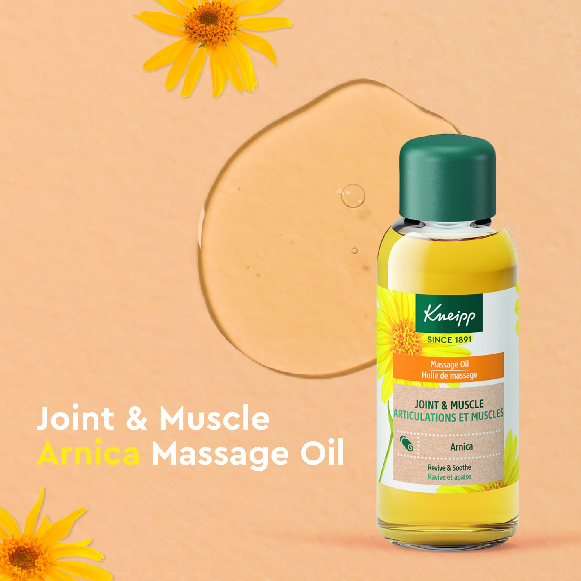 Kneipp Arnica massage oil being poured into hands for soothing muscle relief after activity.