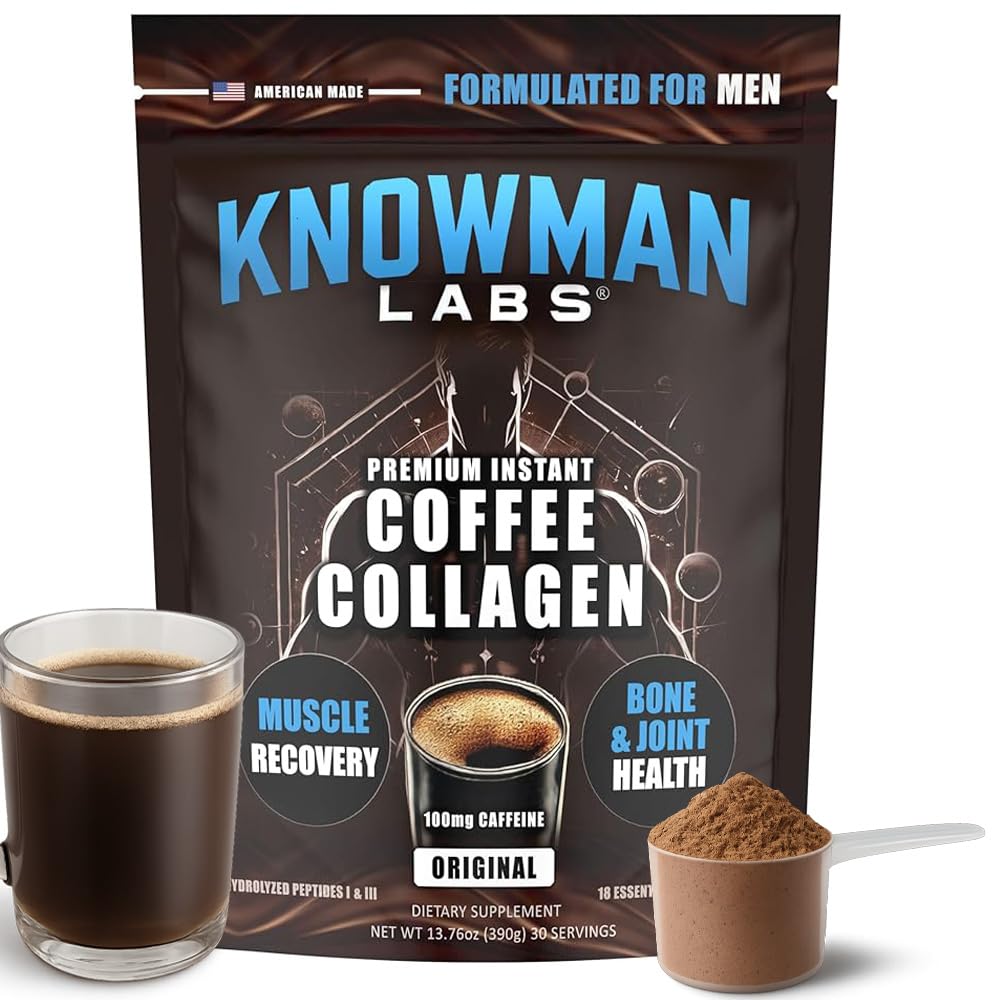 Knowman Labs premium collagen for men instant coffee bottle shows daily recovery potential.