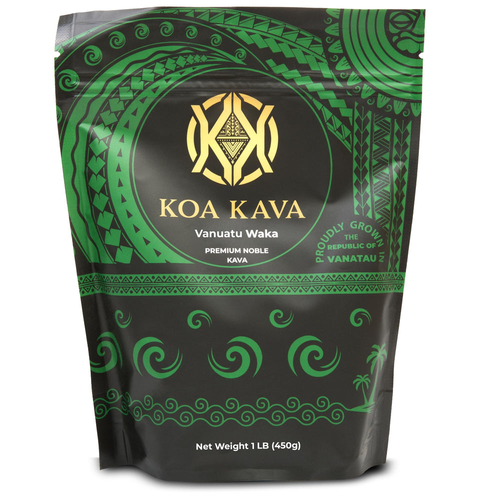 Koa Kava Vanuatu powder bottle shows premium noble waka formula for calm evenings