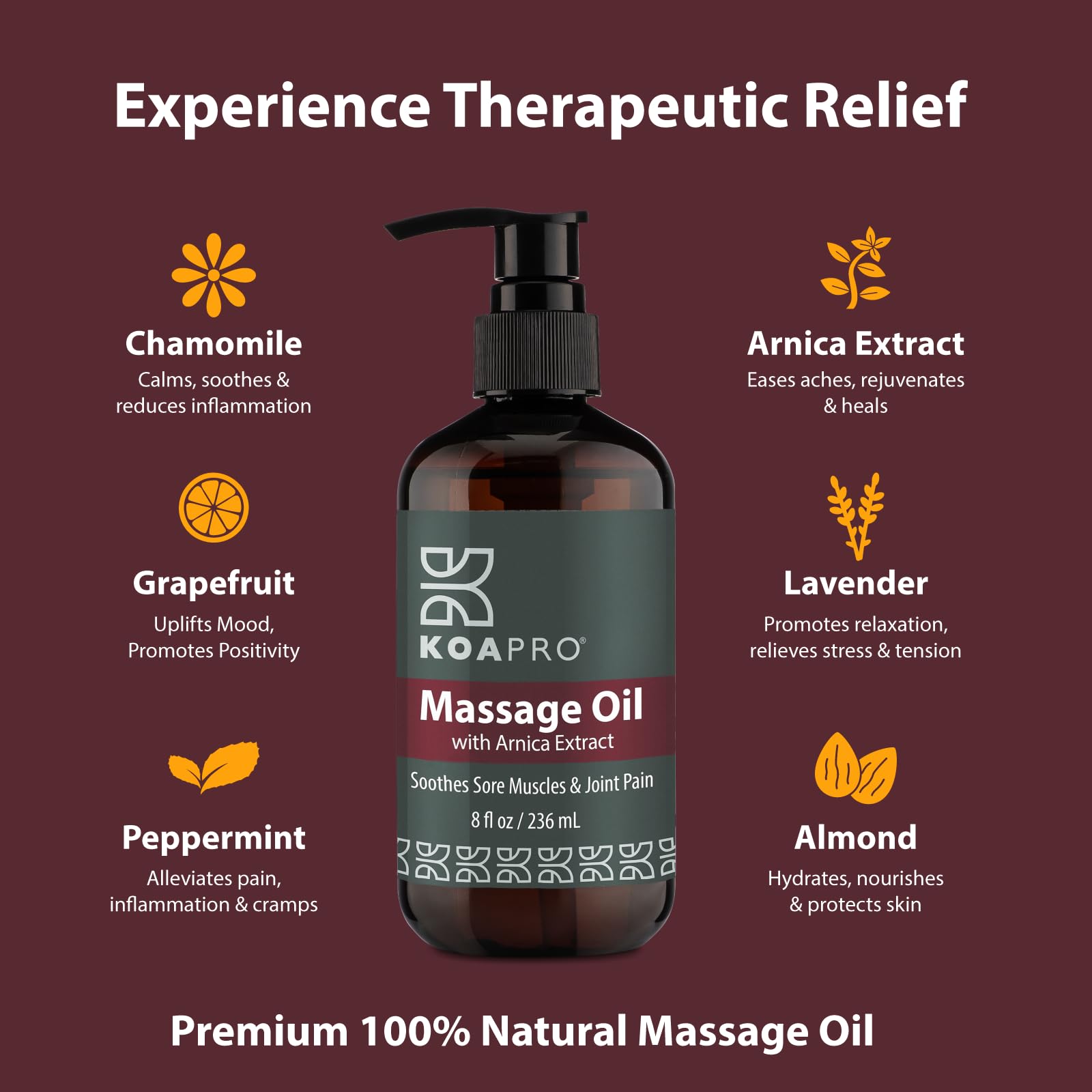 KOAPRO Arnica oil close-up highlighting arnica for tired muscle relief