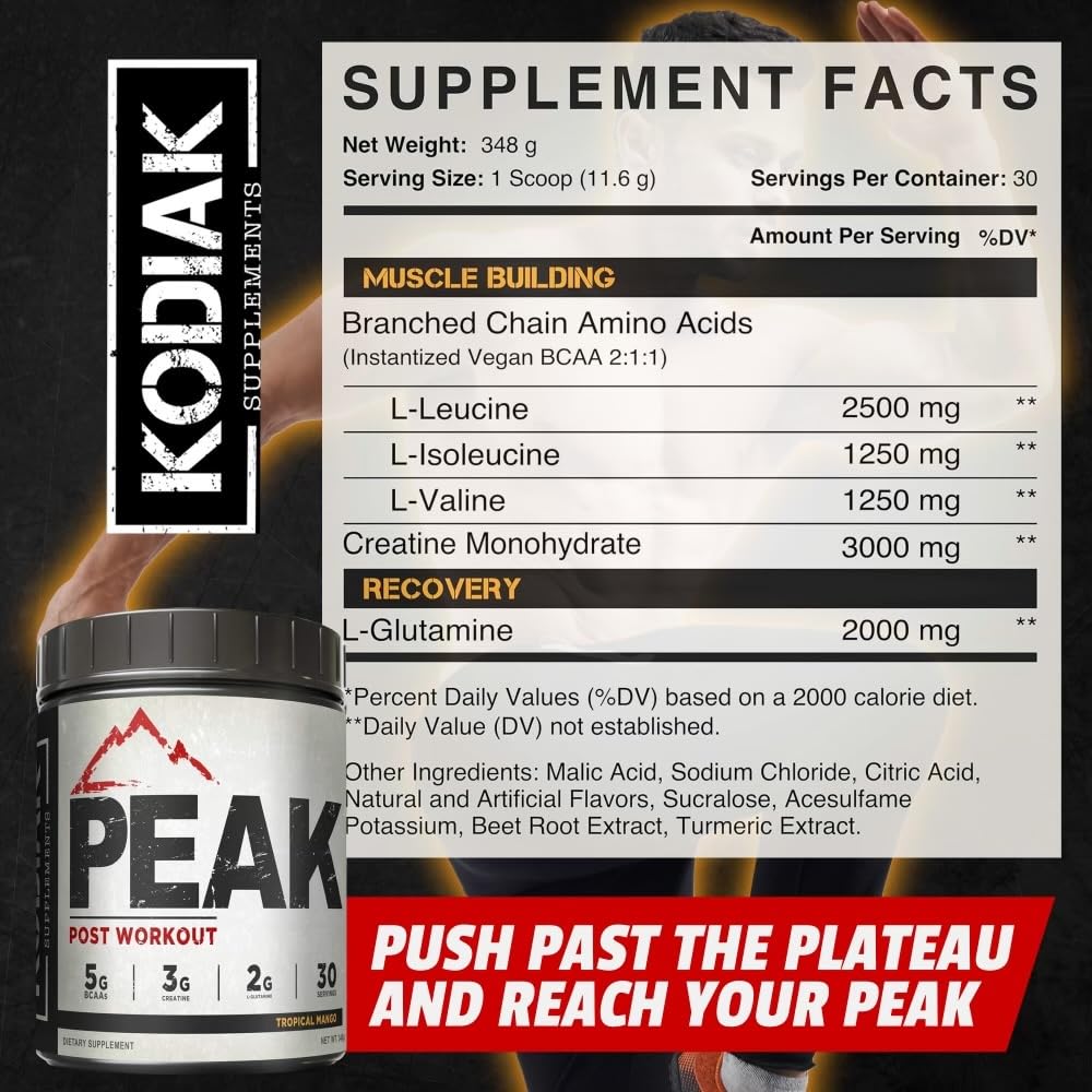 Kodiak Peak Post Workout BCAA ingredients close-up showing essential amino acids