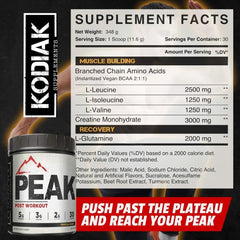 Kodiak Peak Post Workout BCAA ingredients close-up showing essential amino acids