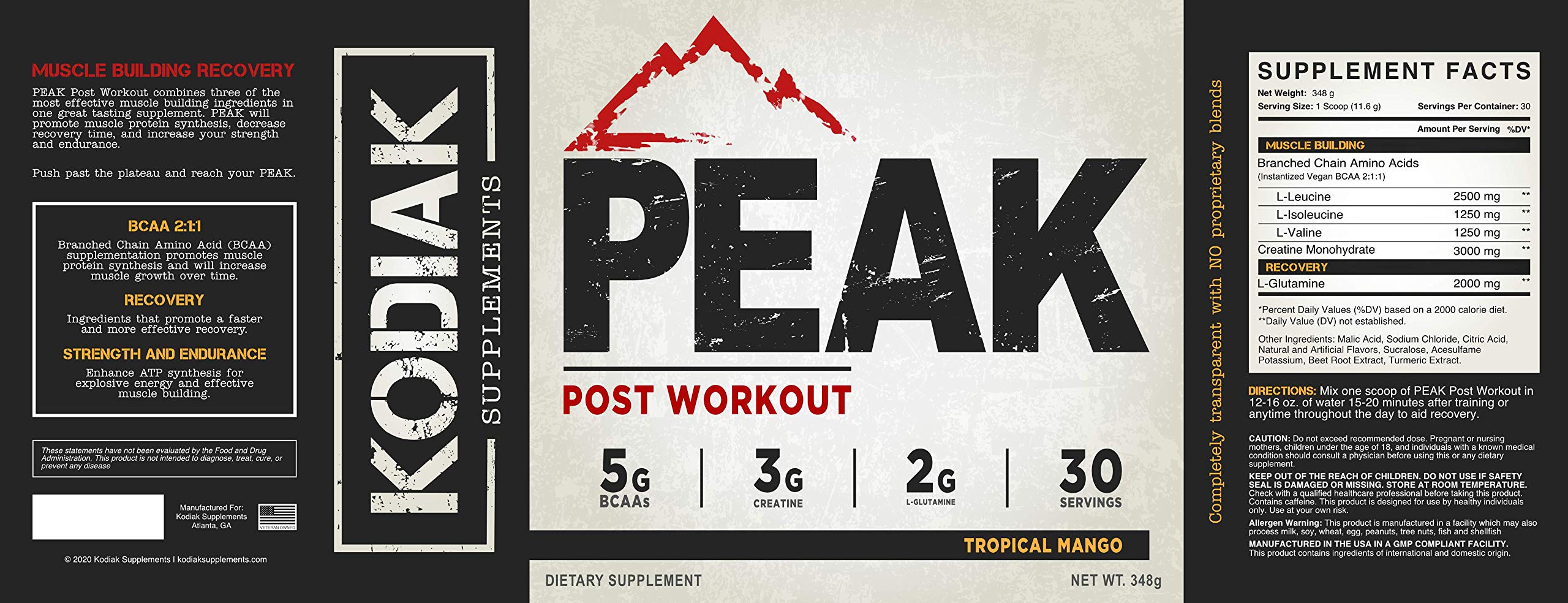 Kodiak Peak Post Workout mango-flavored powder splash suggests tasty recovery option