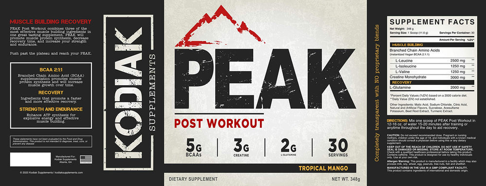 Kodiak Peak Post Workout mango-flavored powder splash suggests tasty recovery option