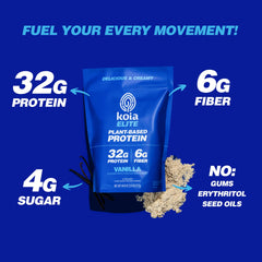 Koia Elite vanilla shake image emphasizes dairy-free nutrition for vegans