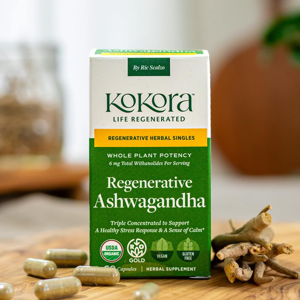 Kokora Ashwagandha bottle back label displaying withanolide information and notes.