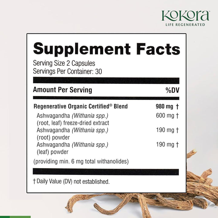 Kokora Ashwagandha capsules pack emphasizing vegan and gluten-free adaptogenic option.