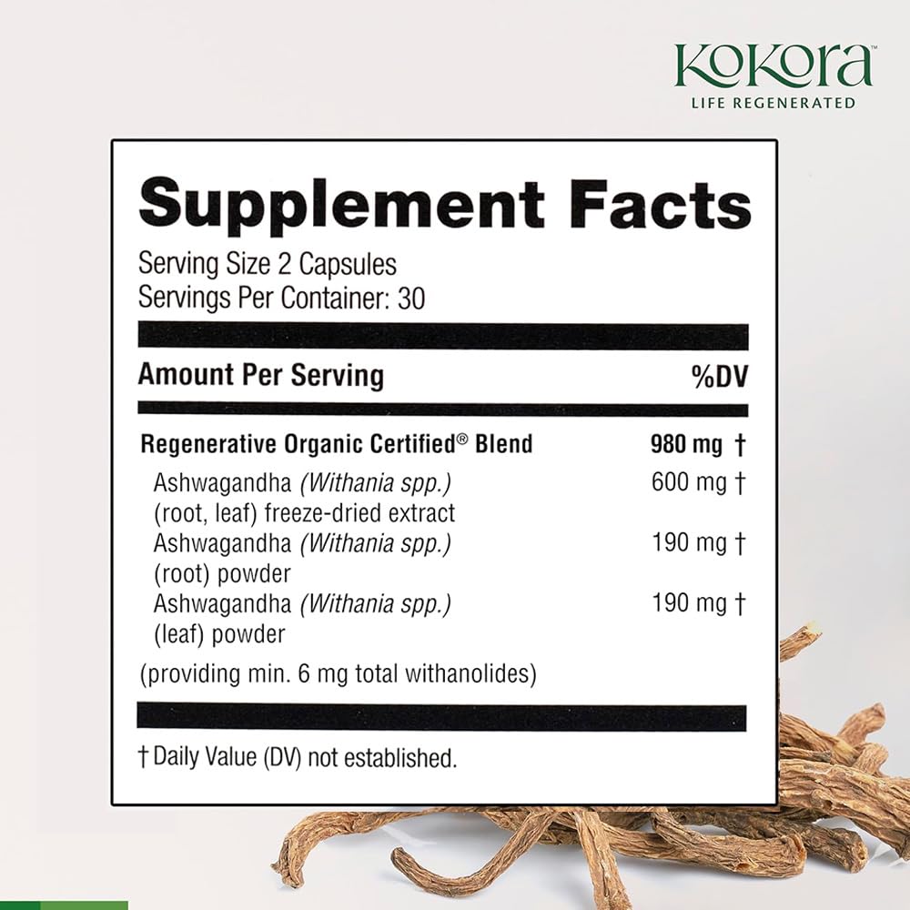 Kokora Ashwagandha capsules pack emphasizing vegan and gluten-free adaptogenic option.