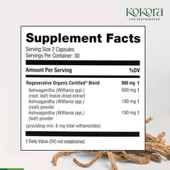Kokora Ashwagandha capsules pack emphasizing vegan and gluten-free adaptogenic option.