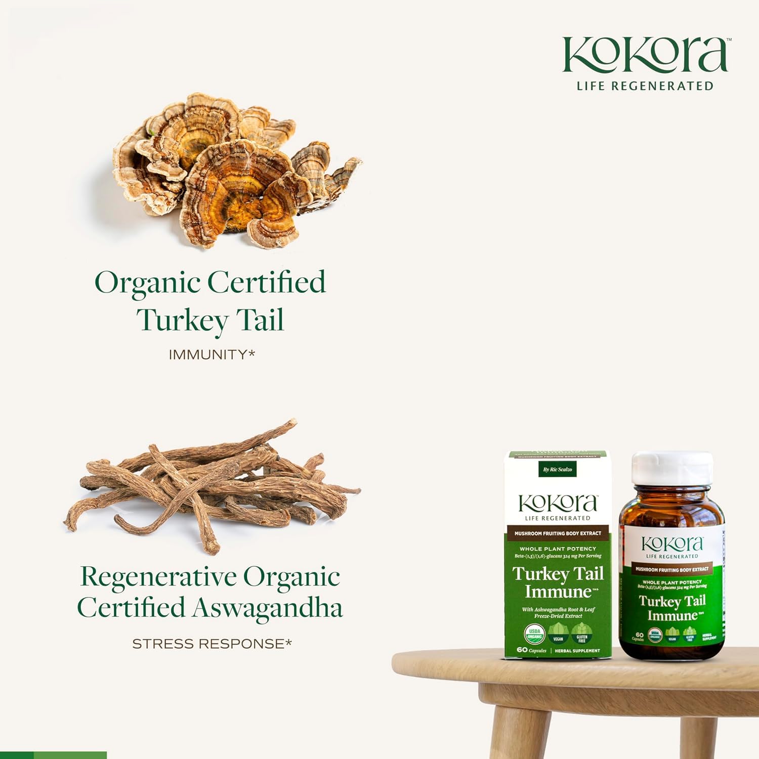 Kokora Ashwagandha Organic Extract capsules highlighting adaptogenic energy support.