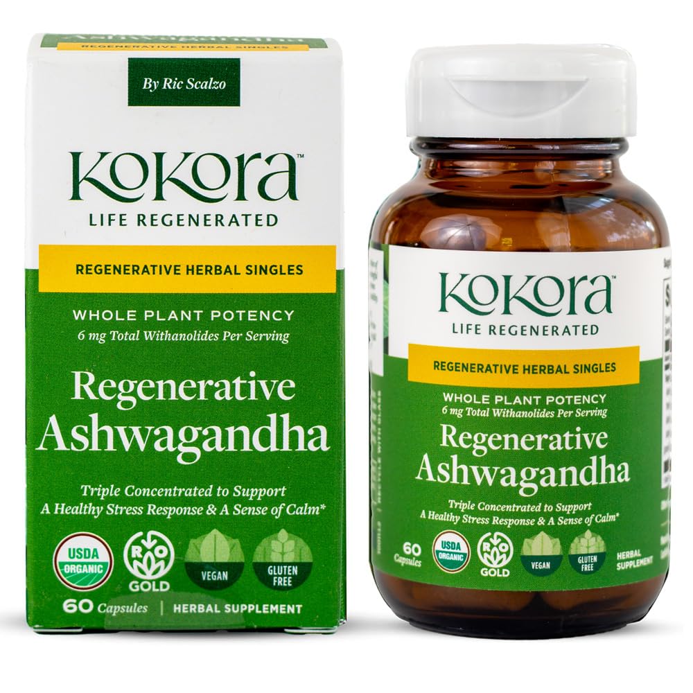 Kokora regenerative Ashwagandha bottle front view highlighting natural, stress support potential.