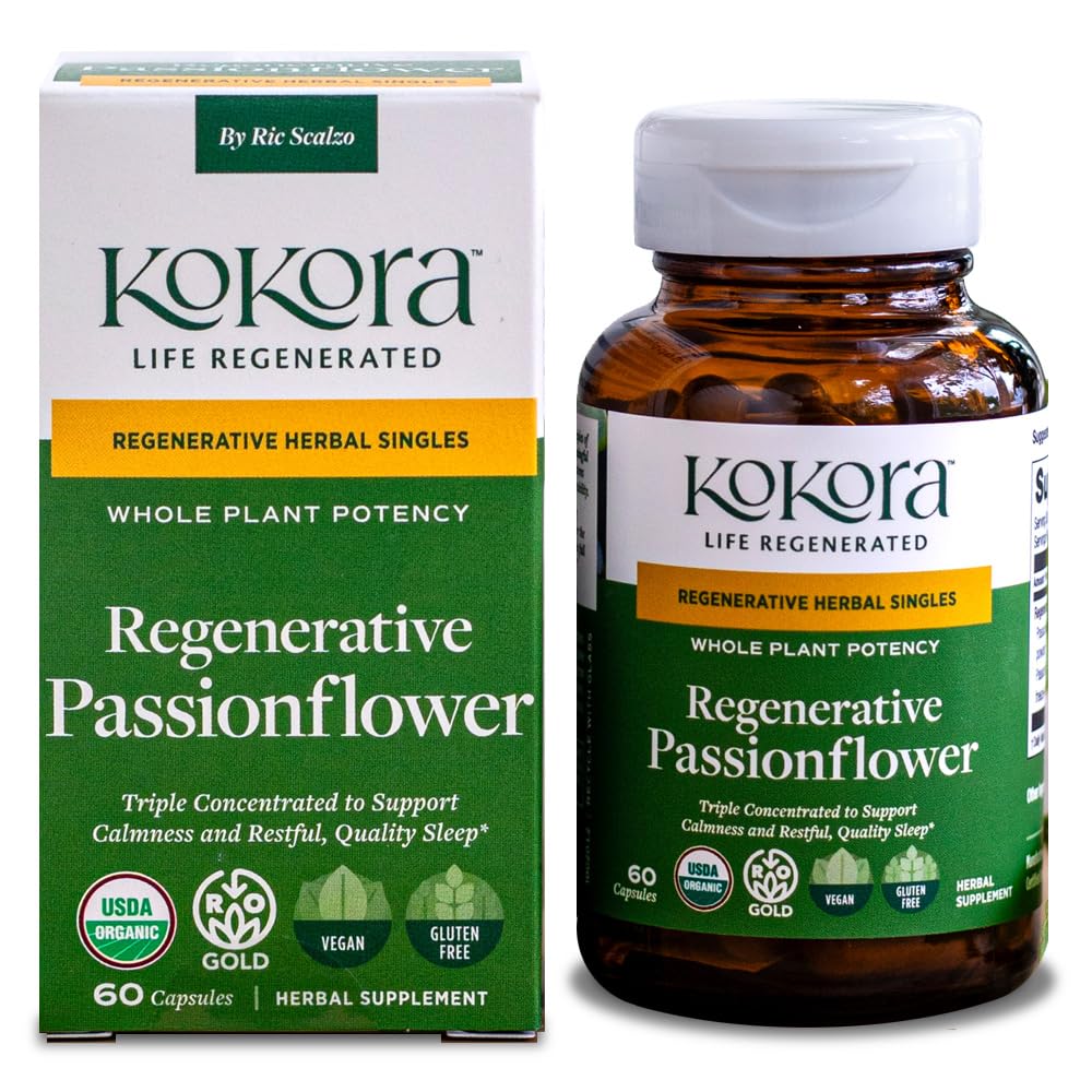 Kokora regenerative passionflower extract bottle promotes calm evenings and restful sleep.