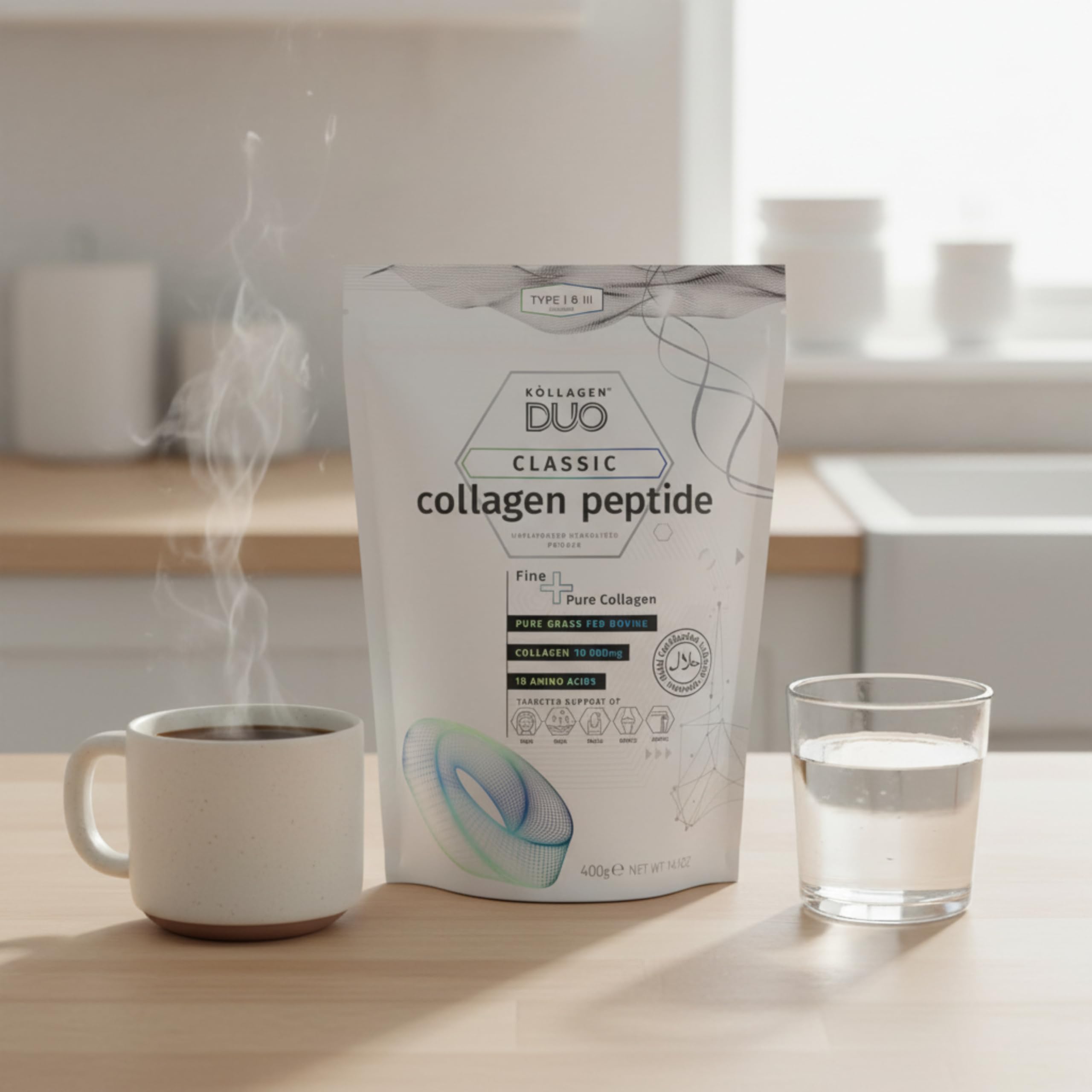 KOLLAGEN DUO collagen powder scoop showing precise serving for daily protein