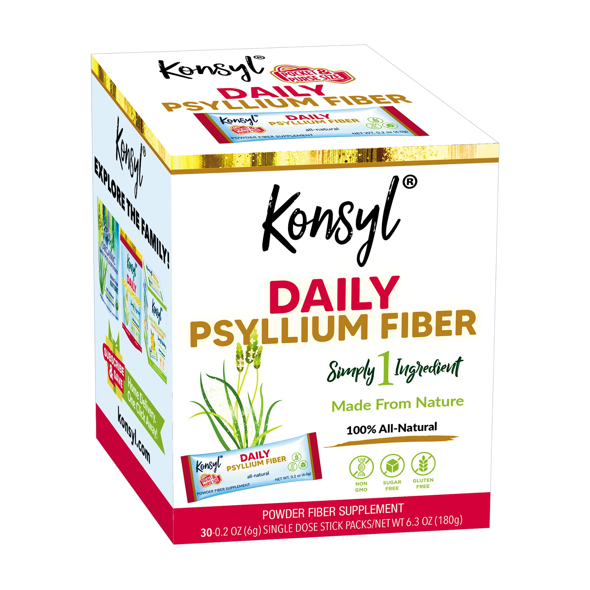 Konsyl Daily Psyllium stick pack close-up, portable fiber option for busy mornings.