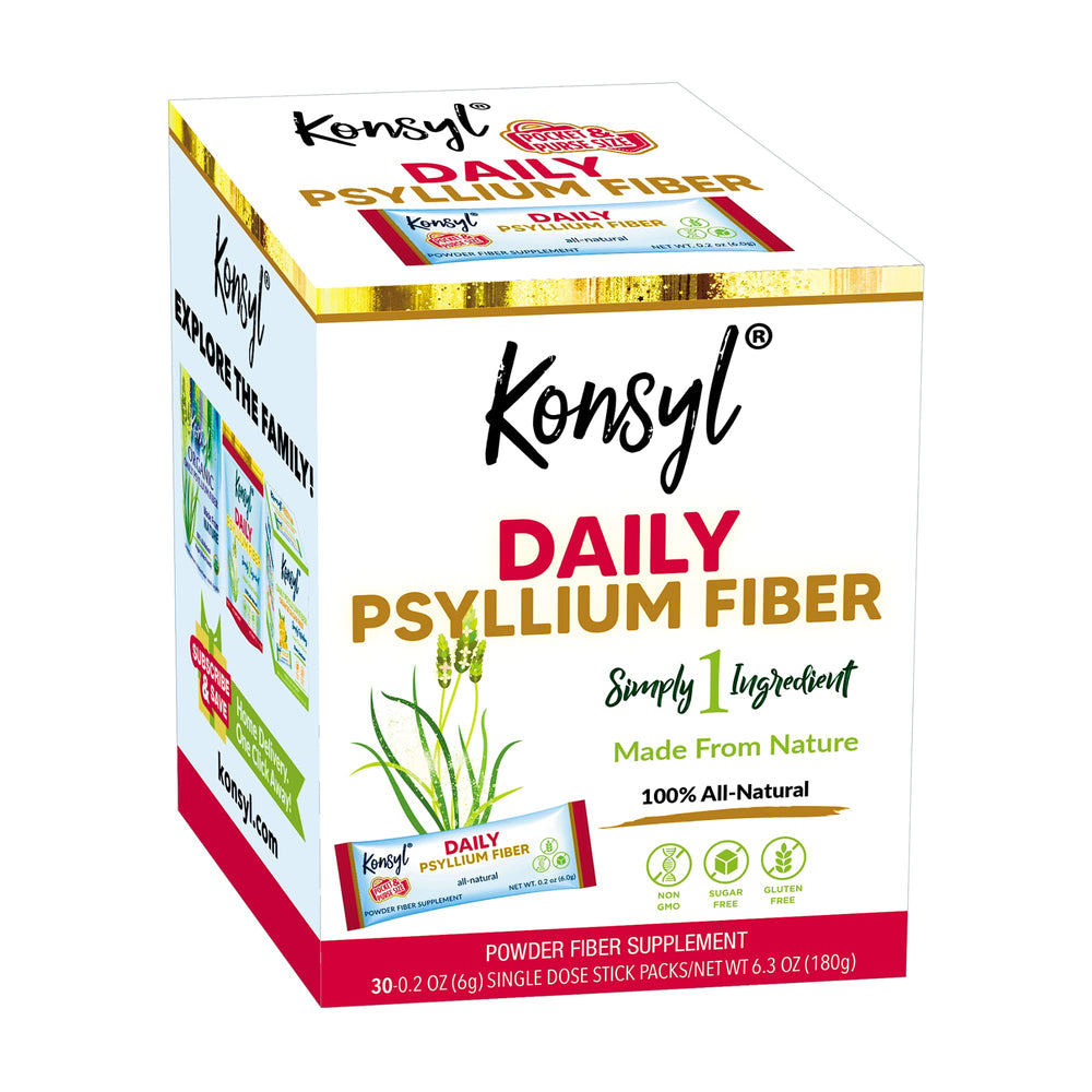 Konsyl Daily Psyllium stick pack close-up, portable fiber option for busy mornings.