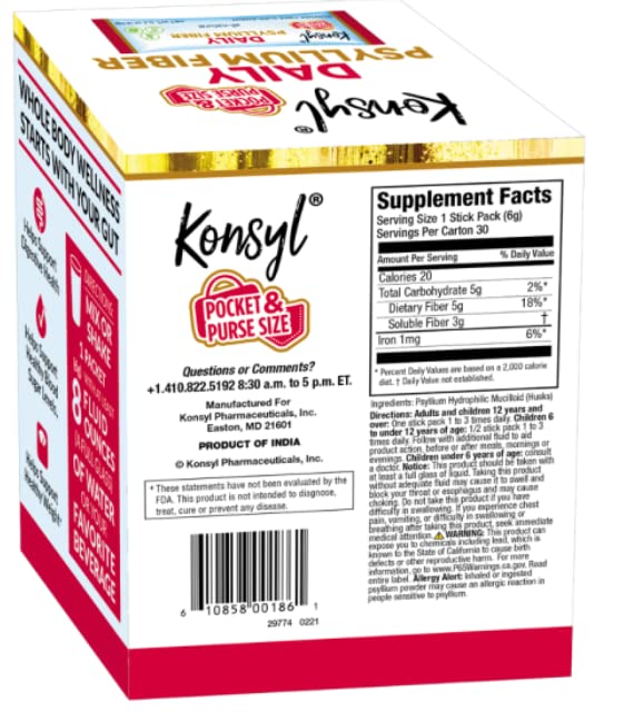 Konsyl Daily Psyllium stick pack being poured into a glass for hydration.