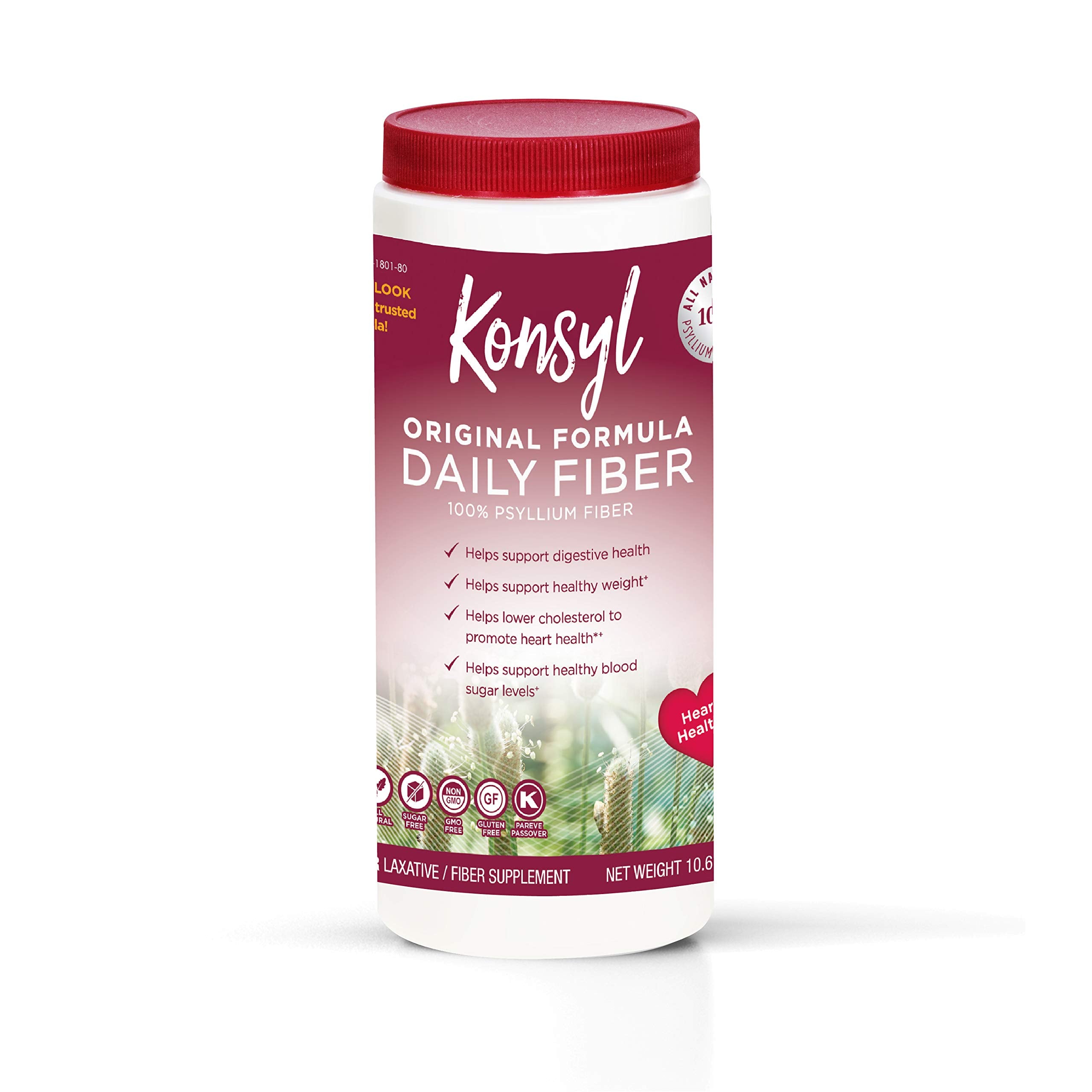 Konsyl Original Formula psyllium powder bottle for daily fiber support.