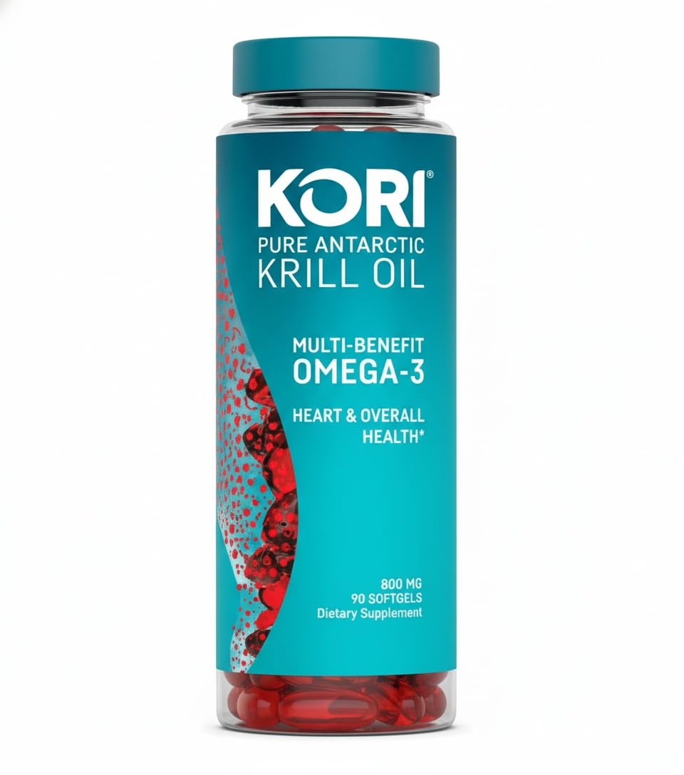 Kori Krill Antarctic Krill Oil bottle showing sustainable sourcing and high absorption.