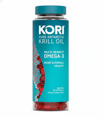 Kori Krill Antarctic Krill Oil bottle showing sustainable sourcing and high absorption.