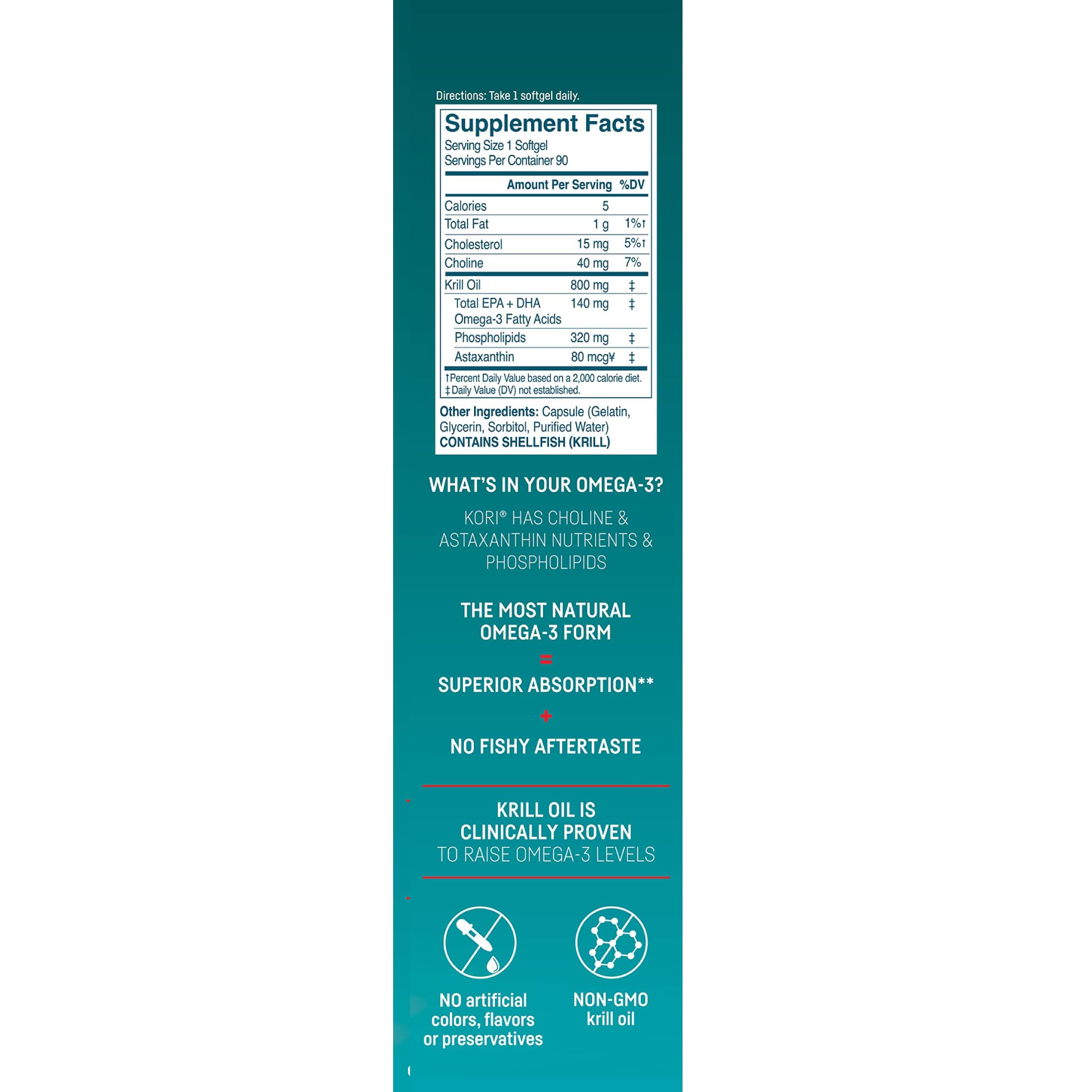Kori Krill omega-3 softgels close-up highlighting convenient 800 mg dose.