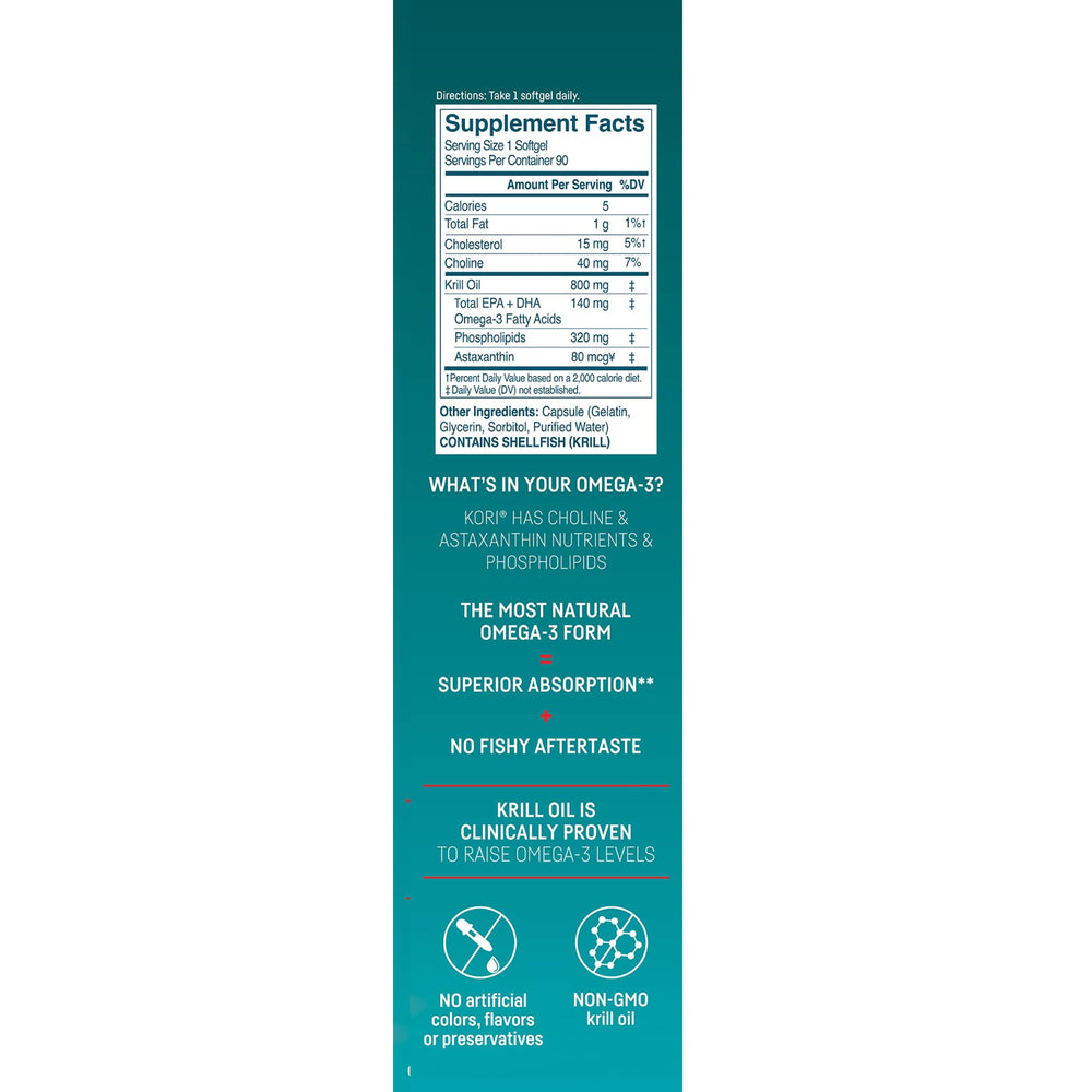 Kori Krill omega-3 softgels close-up highlighting convenient 800 mg dose.