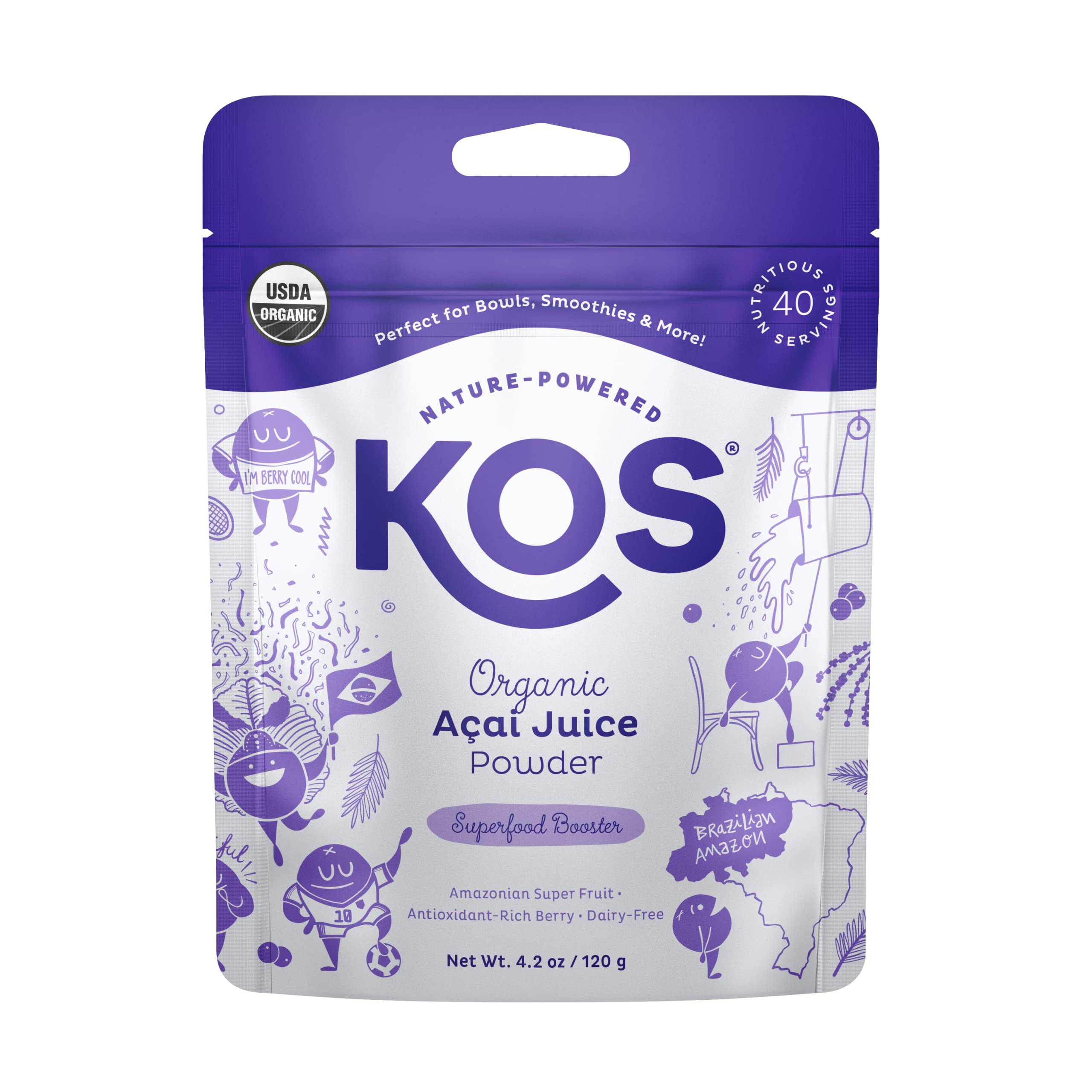 KOS acai powder bag front, ideal for smoothies and antioxidant-rich recipes.