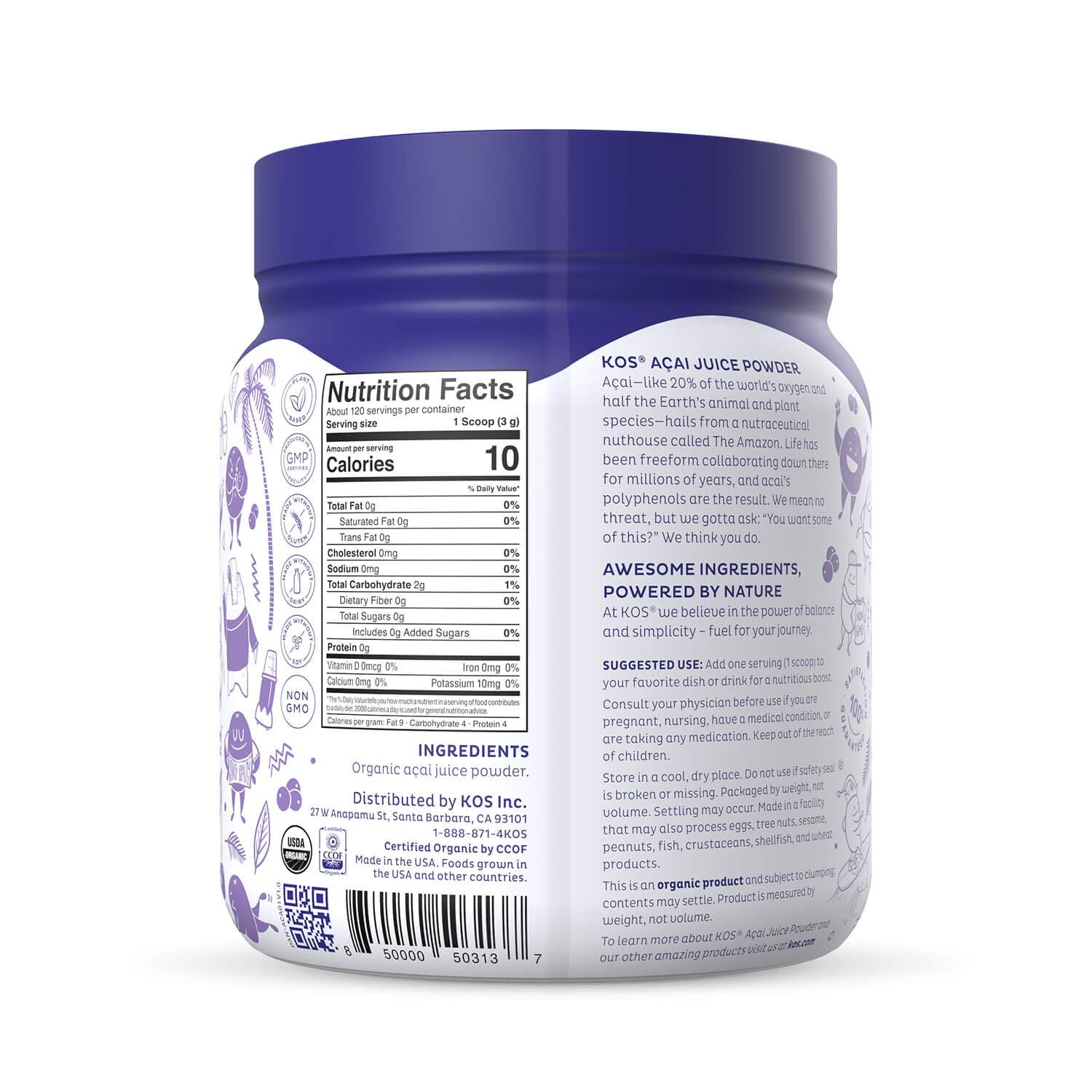KOS label close-up notes 0g sugar and non-GMO ingredients.