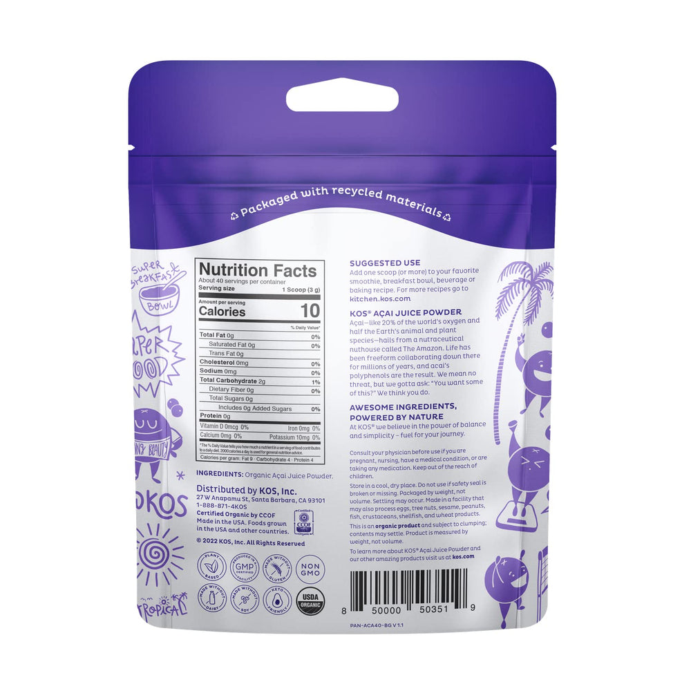 KOS acai powder scoop, showcasing fine texture for bowls and blends.