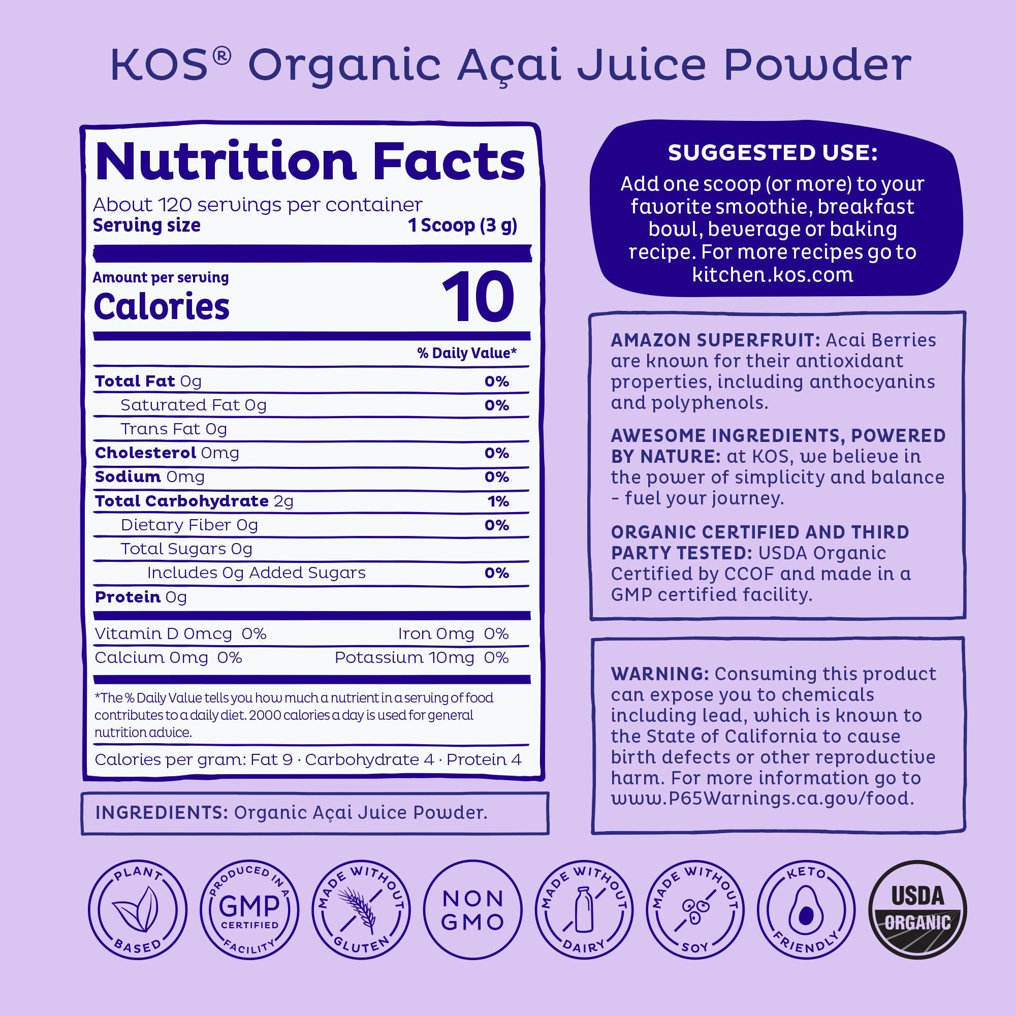KOS Acai Powder scoop shows measured portion for precise smoothie additions.