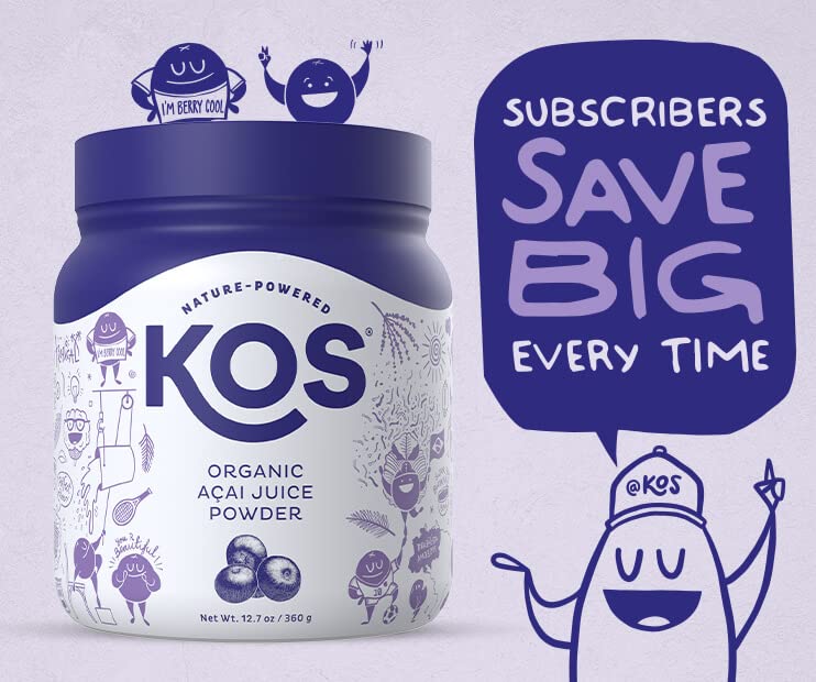 KOS Berry Acai Powder bowl demonstrates vibrant color and breakfast boost.
