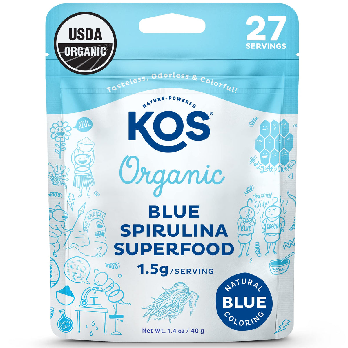 KOS blue spirulina powder bottle showing vibrant color for smoothies