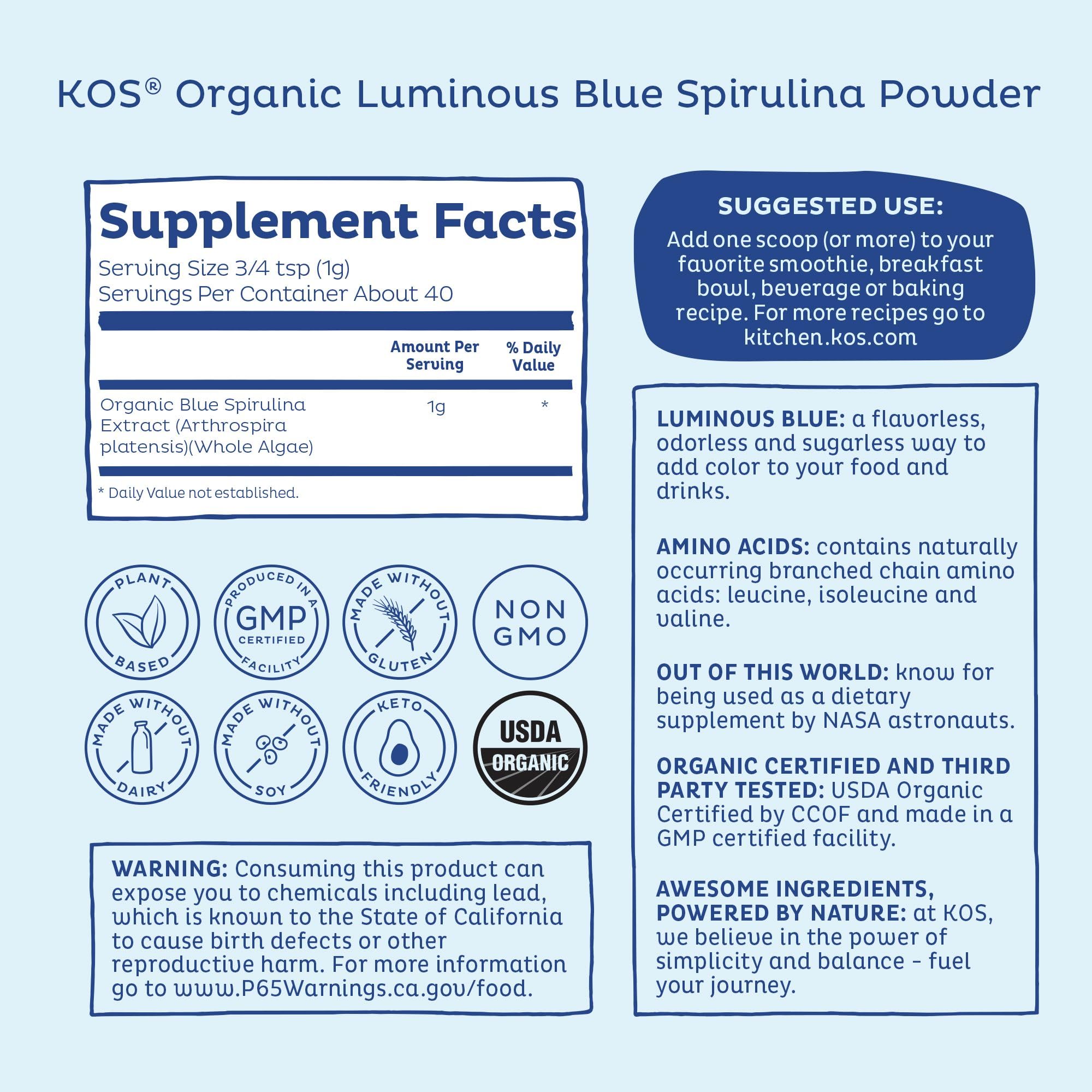 KOS blue spirulina powder label highlights organic vegan superfood