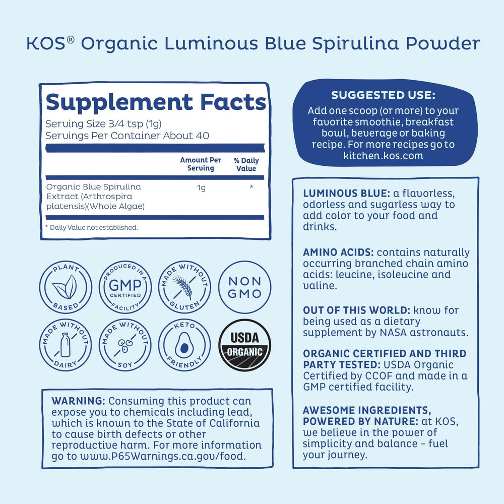 KOS blue spirulina powder label highlights organic vegan superfood