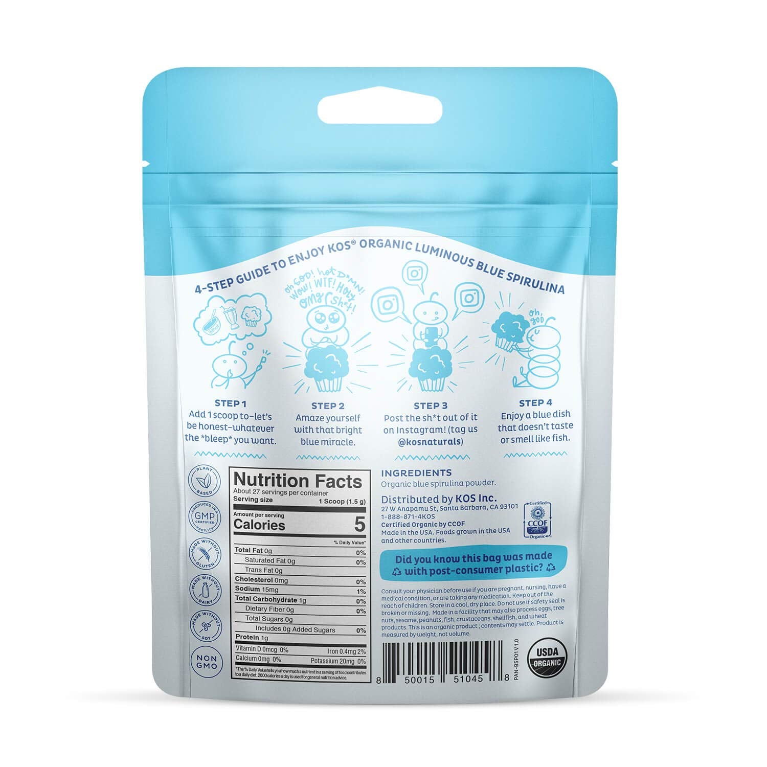 KOS blue spirulina powder scoop with container for easy use