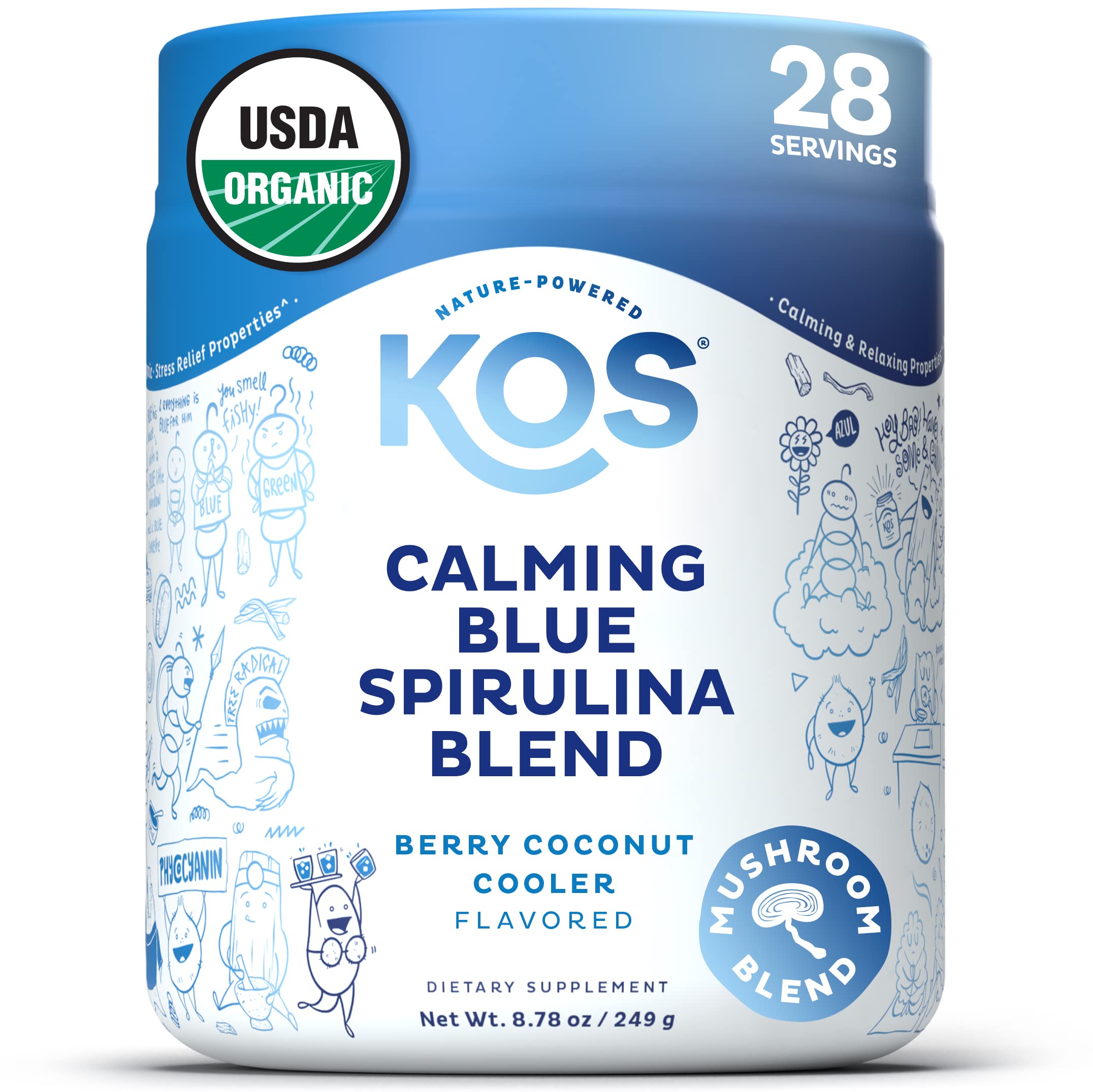 KOS Calming Blue Spirulina bottle for evening calm