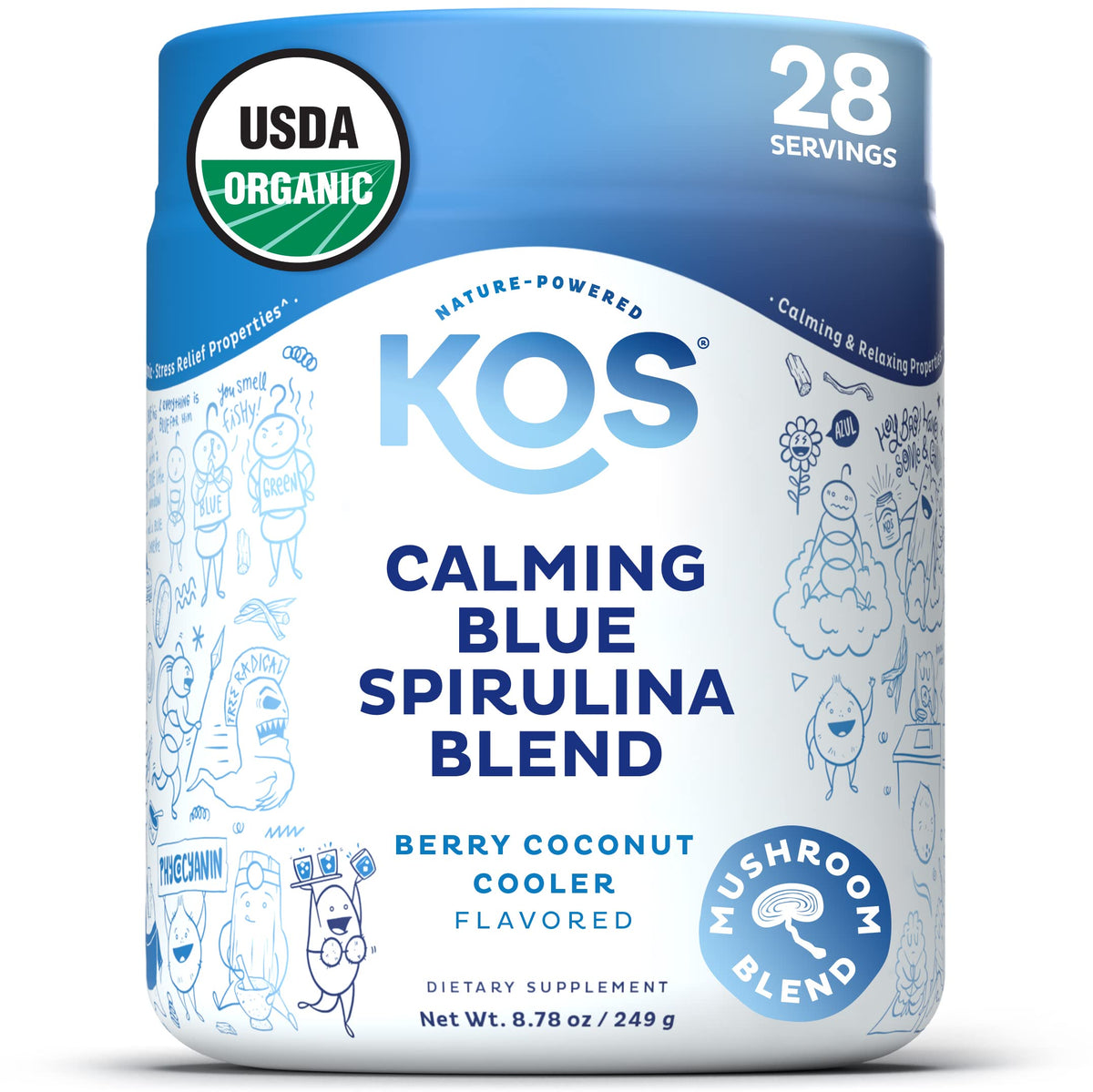 KOS Calming Blue Spirulina bottle for evening calm