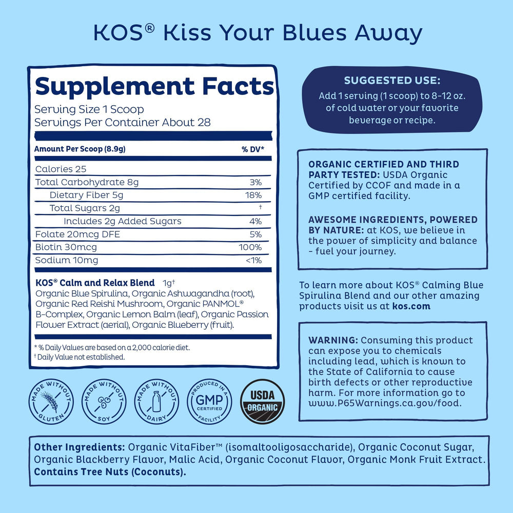 KOS Calming Blue Spirulina cup, soothing sip ready