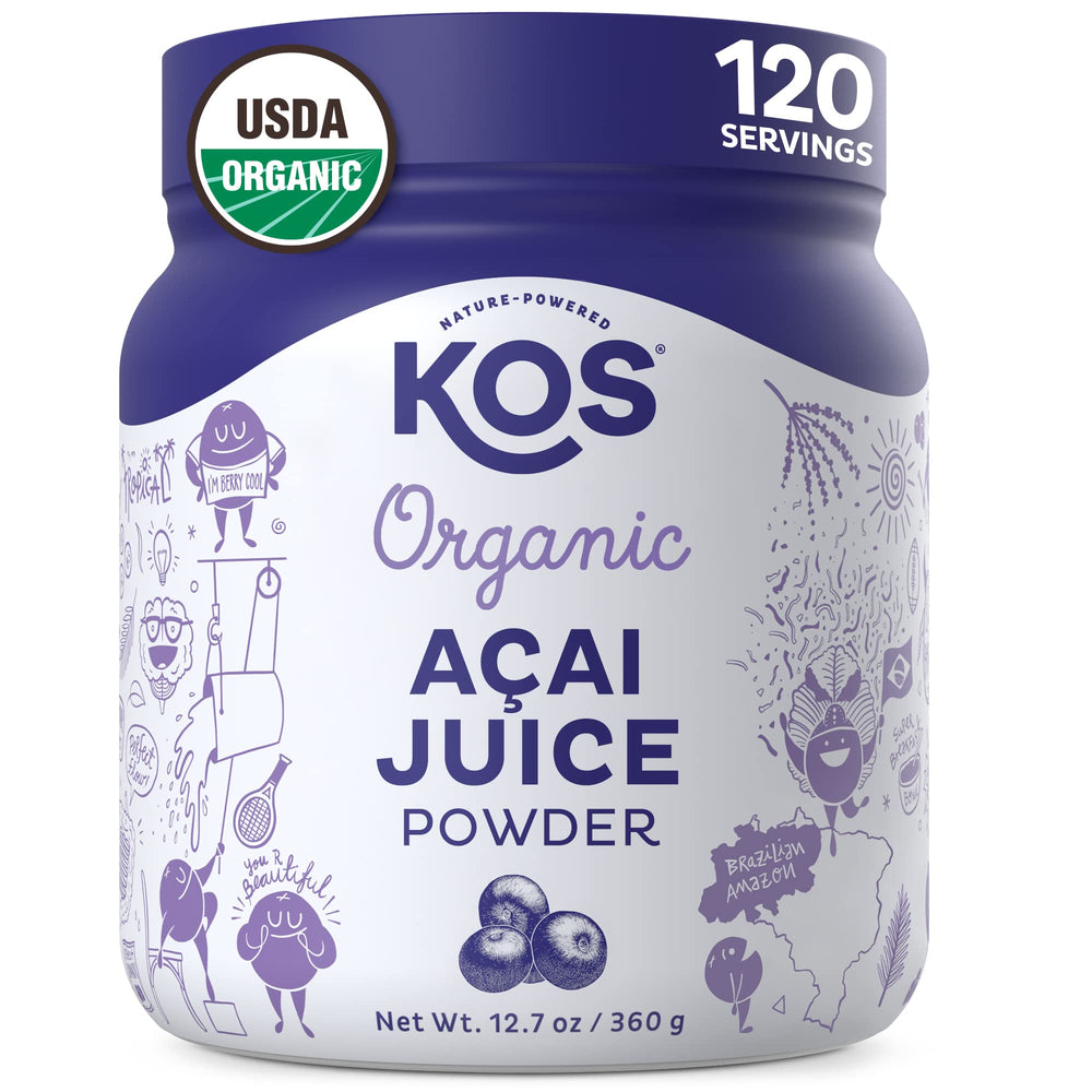 KOS Organic Acai Powder bottle highlights antioxidant-rich superfood for smoothies.
