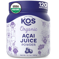 KOS Organic Acai Powder bottle highlights antioxidant-rich superfood for smoothies.