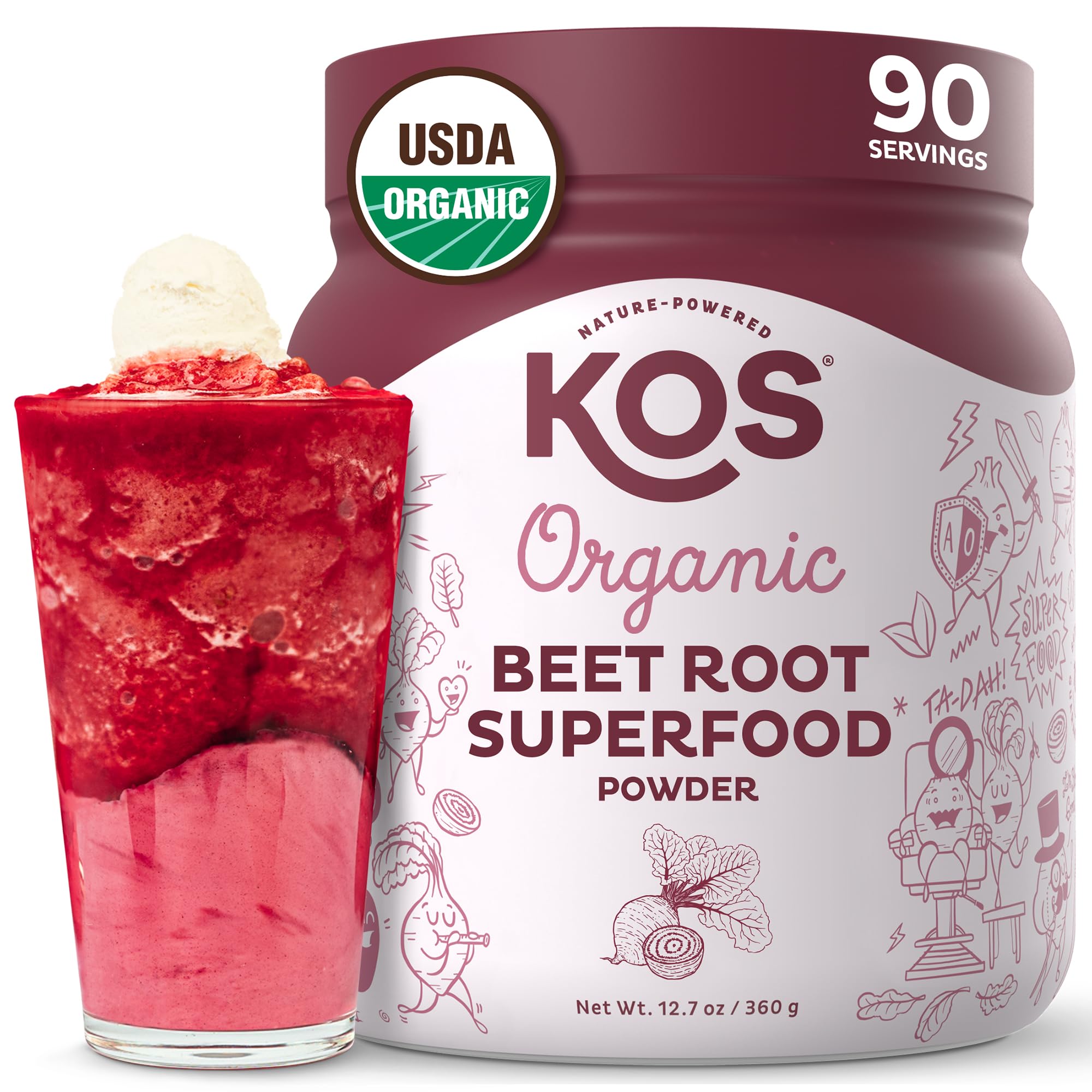 KOS Organic Beetroot Powder jar adds vibrant color to smoothies.