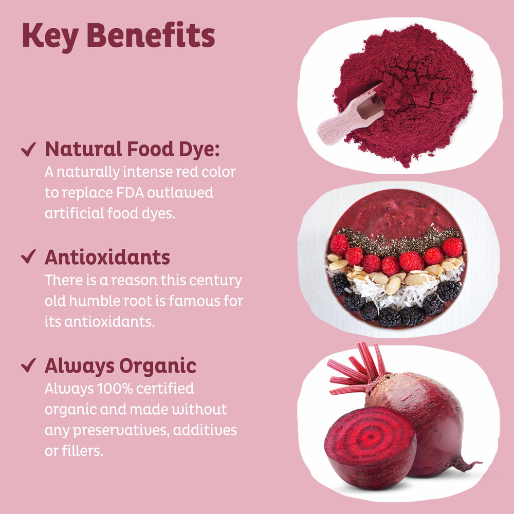 Pouring KOS Organic Beetroot Powder into a drink for natural color boost.