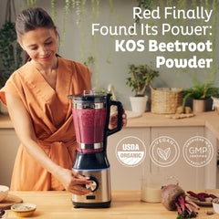 KOS Organic Beetroot Powder scoop ready to boost smoothies and bowls.