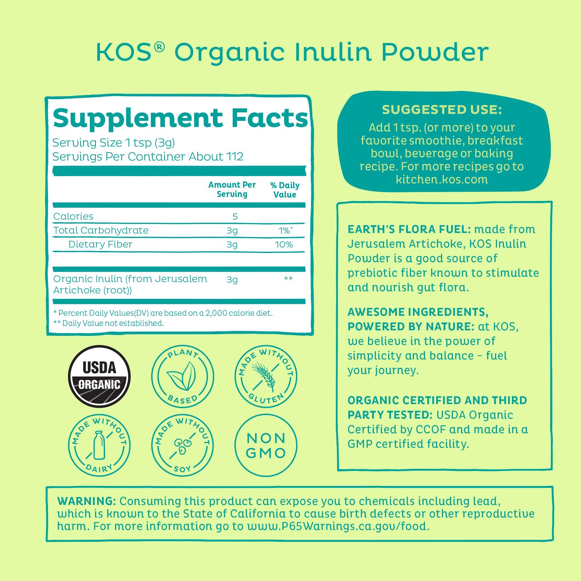 KOS Organic Inulin Powder label close-up showing organic and non-GMO features.