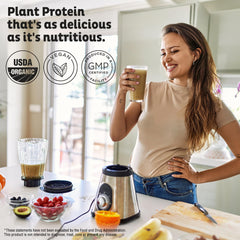 KOS Organic Protein Powder chocolate peanut butter shaker image ready for quick vegan shakes