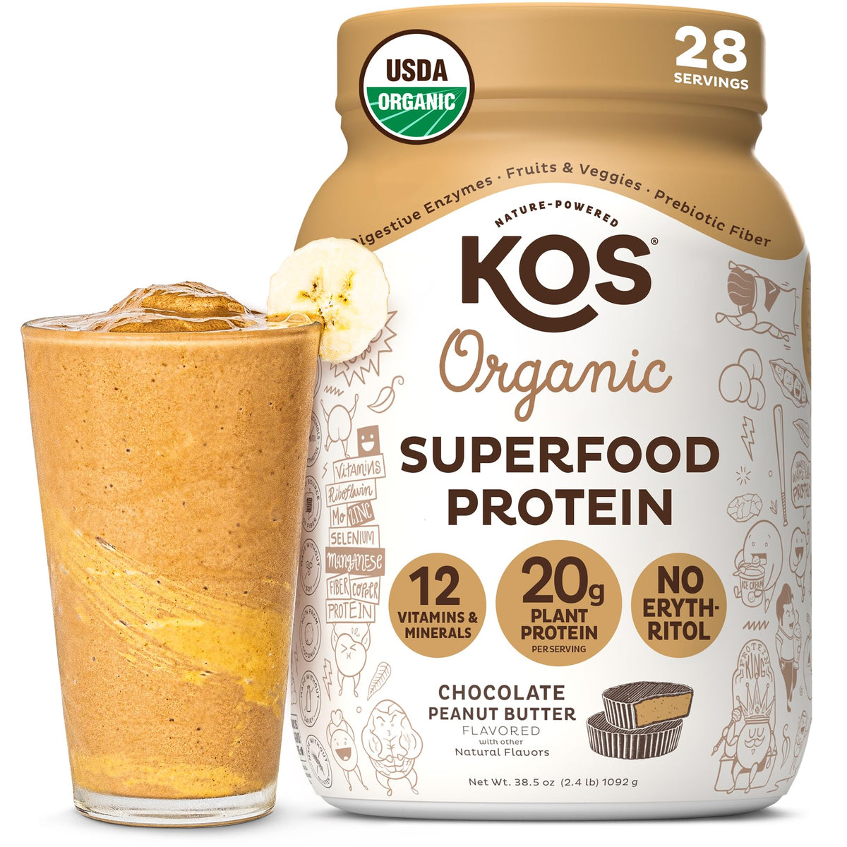 KOS Organic Protein Powder chocolate peanut butter tub highlights premium organic ingredients for a flavorful protein boost
